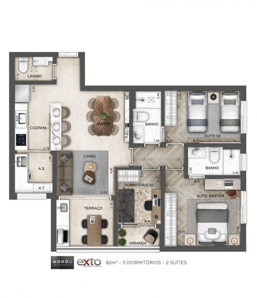 Planta - Apartamento à venda em São Paulo, Vila Andrade, com 3 quartos, 82,5m² - J Imob